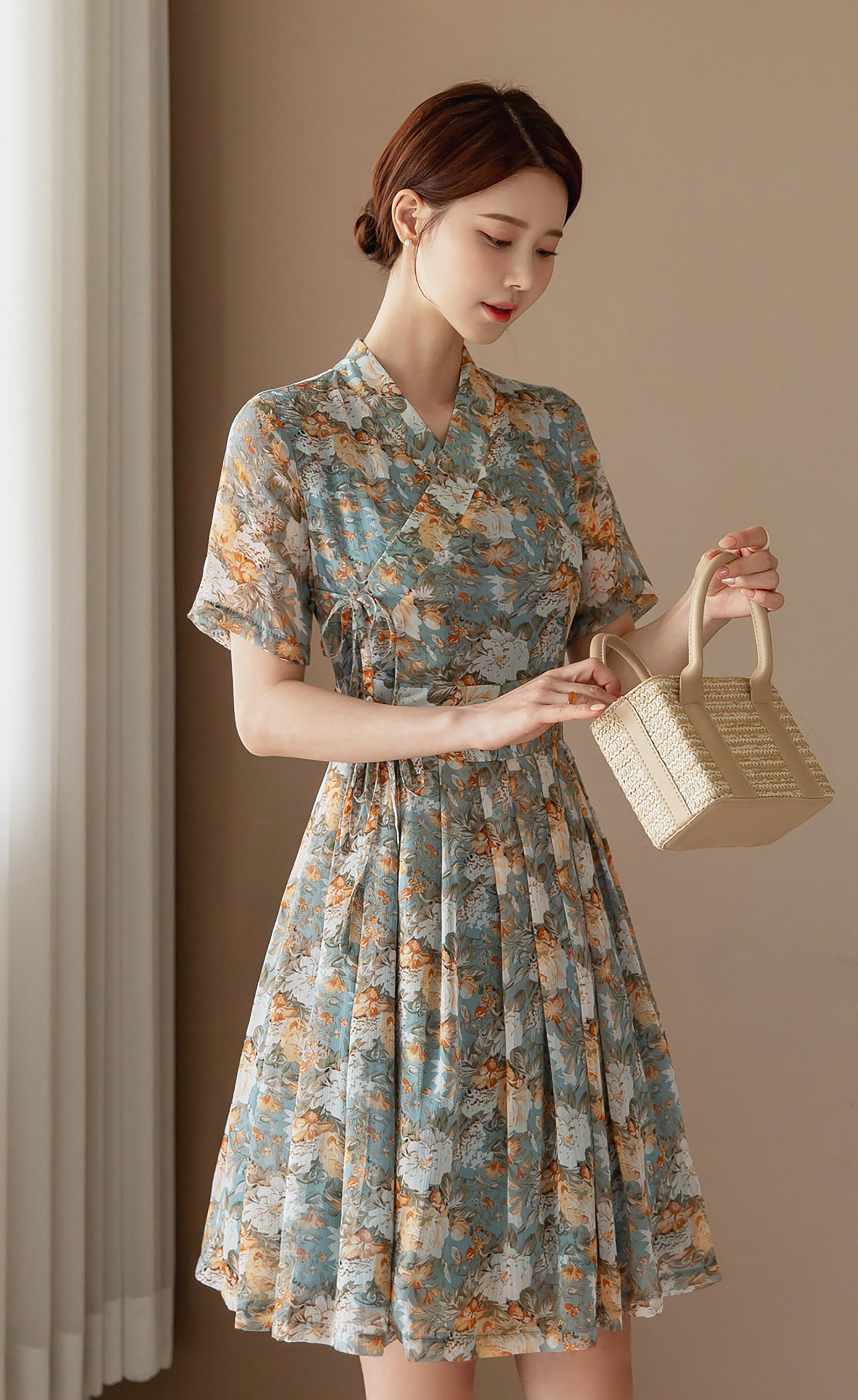 Women's Modern Hanbok Dress Mint Flower Orange Wrapped | Etsy