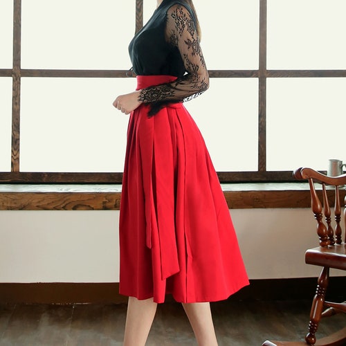 Modern Hanbok Skirt Vivid Red Woman Female Korea Hanbok Dress Casual Daily Rapped retailer Skirt One size 75 cm CHIC