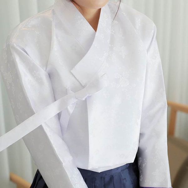 Modern Hanbok Top Jeogori Jacket White Solid Hem Casual Daily Mom Hanbok Clothing