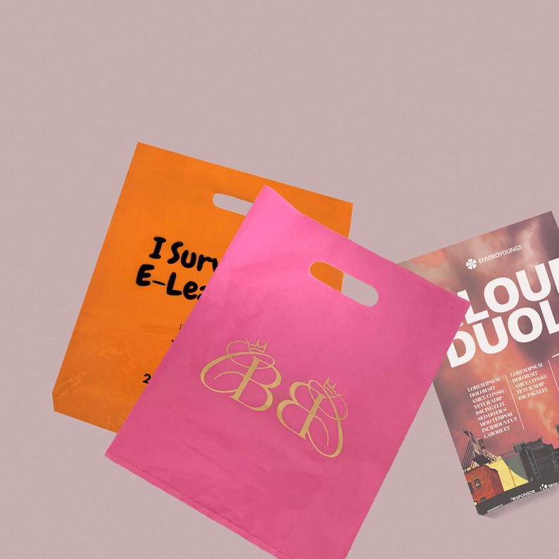 May include: Two pink and orange reusable shopping bags with a gold logo and the text "I Sur E-Le" on the orange bag. A magazine with the text "LOU DUOL" is also visible.