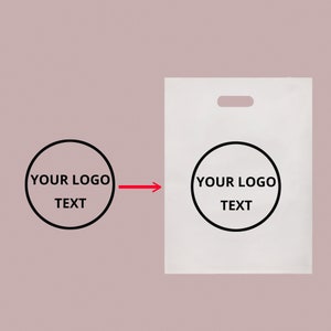May include: White plastic shopping bag with a black circle containing the text "YOUR LOGO TEXT" printed on it.