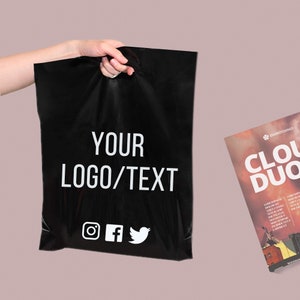 May include: Black plastic shopping bag with white text that says "YOUR LOGO/TEXT". The bag also has social media icons for Instagram, Facebook, and Twitter.