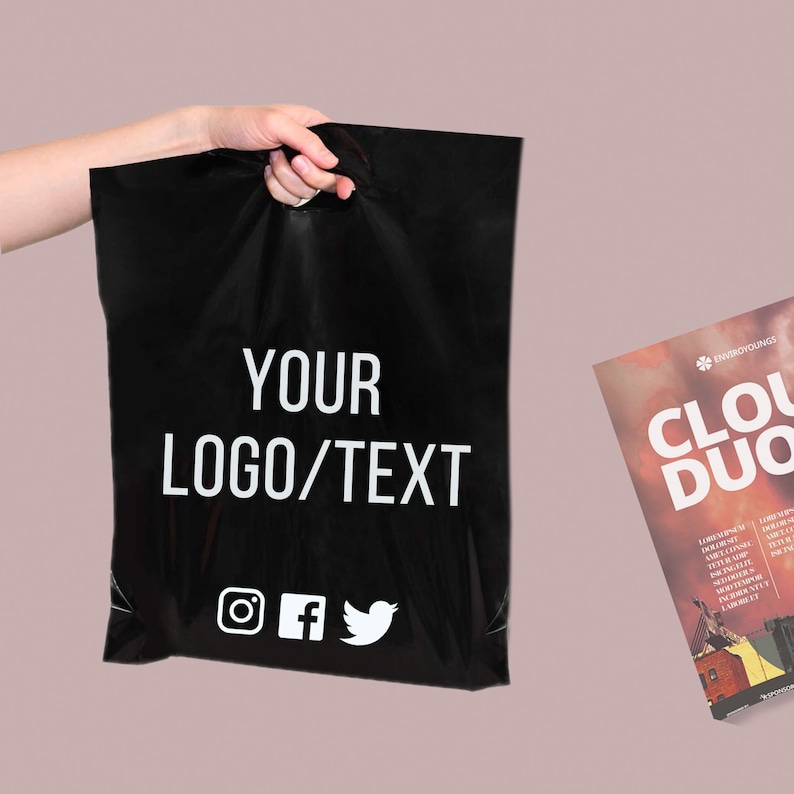 May include: Black plastic shopping bag with white text that says "YOUR LOGO/TEXT". The bag also has social media icons for Instagram, Facebook, and Twitter.