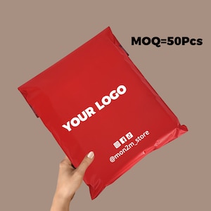 Bolsas de envío autoadhesivas de polietileno personalizadas, rojas, de 50 a 1000 unidades, extremadamente ligeras, con logotipo personalizado de un solo color.