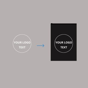 Peut inclure: Image d'une transformation de logo. &Agrave; gauche, un cercle blanc avec le texte "YOUR LOGO TEXT". Une fl&egrave;che pointe vers un rectangle noir avec le m&ecirc;me texte dans un cercle blanc.