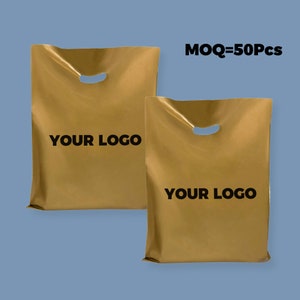 50-1000 pezzi di borse per la spesa personalizzate in oro con logo per boutique, borse regalo in plastica personalizzate con logo, borsa per merce personalizzata con logo per attività commerciali