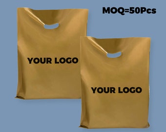 50-1000Pcs Custom Gold Shopping Bags with Logo for Boutique Custom Plastic Gift Bags with Logo Custom Merchandise Bag with Logo for Business