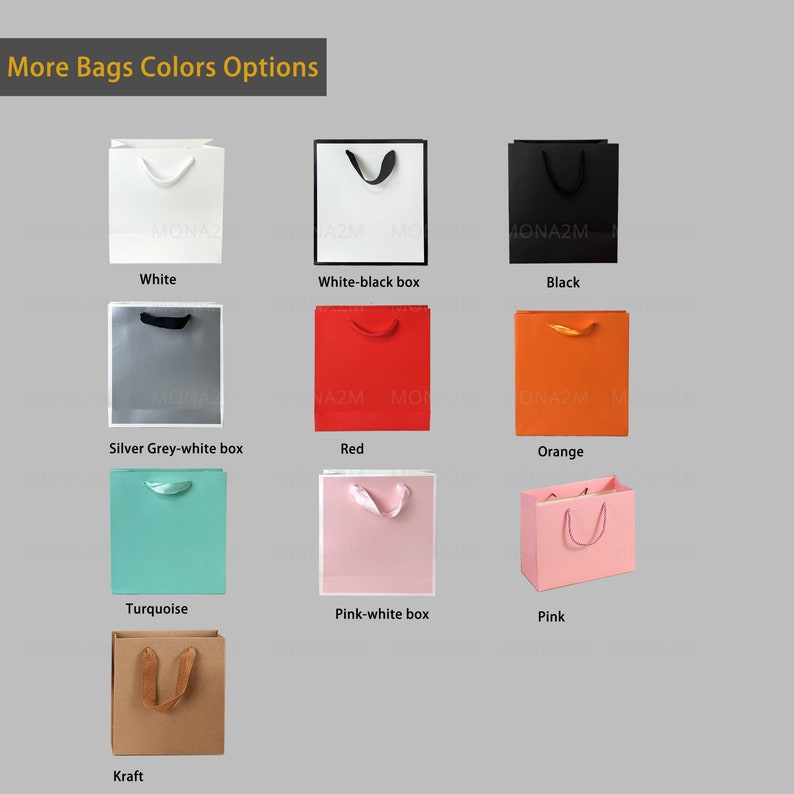 Puede incluir: Una variedad de bolsas de regalo de papel en diferentes colores y estilos. Las bolsas se muestran en blanco, negro, rojo, naranja, turquesa, rosa, gris plateado y papel kraft. Las bolsas tienen asas de diferentes colores, incluyendo blanco, negro, rojo, naranja y rosa.