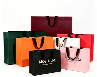 Custom Paper Bags Gift Bags with Logo Boutique Shopping Bags with Ribbon Handle Merchandise Bags Retail Bags Wedding Bags
