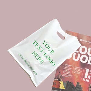 May include: White plastic shopping bag with green text that reads "YOUR TEXT/LOGO HERE" and "social media and web".