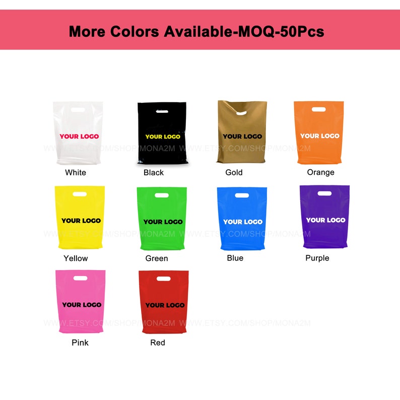 May include: A set of ten plastic shopping bags in various colors, including white, black, gold, orange, yellow, green, blue, purple, pink, and red. Each bag has a handle and a white label that says "YOUR LOGO".
