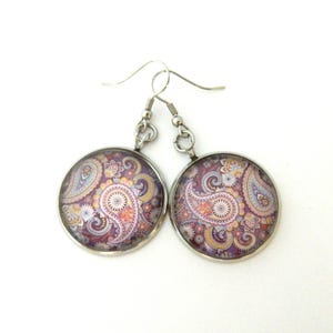 Mauve pattern earrings, cabochon, stainless steel, gift idea for women