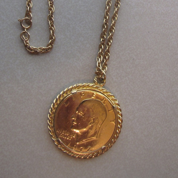 1972 Liberty Coin Vintage President Eisenhower Gold Tone Pendant Necklace