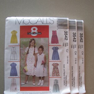 McCall's 3542 Girl's Dresses, 8 great looks, Size 3-4-5-6 or Size 7-8-10 or Size 10-12-14, Un-cut