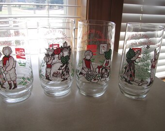 Vintage Limited Edition Holly Hobbie & Robbie Christmas Drinking Glasses Vintage 1980, Glasses 1,2,3,4