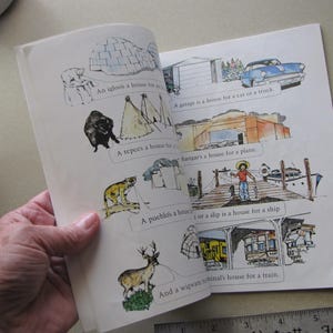 May include: An open book with colorful illustrations and text about different types of houses. The illustrations include an igloo, teepee, garage, hangar, pueblo, slip, and wigwam. The book is being held open by a person.