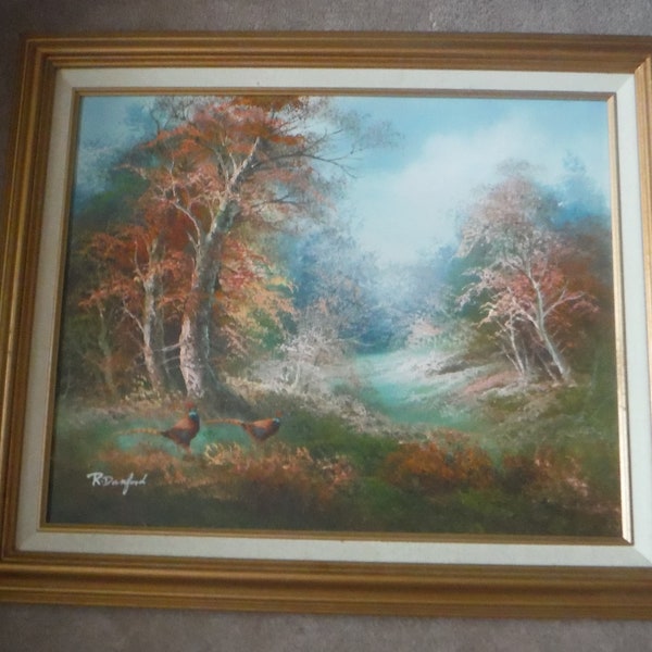 vintage original oil painting by R.Danford 16X20 Pheasants in the Woodland