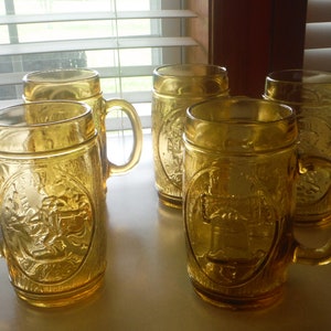 5-Anchor Hocking Honey Amber Glass Bicentennial Mugs