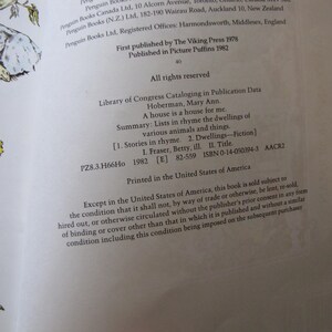 May include: A book page with text, including the title "A house is a house for me" and the author's name, Mary Ann Hoberman. The page also includes publishing information and a summary of the book's contents.