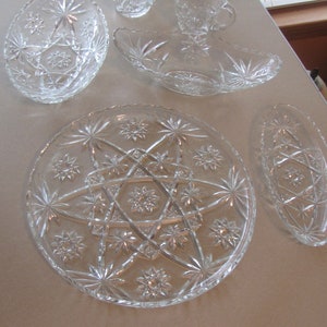 6-Anchor Hocking Star pattern Glass serving dishes, 1-Platter, 3-Relish dishes, Coffee Creamer and lidded Sugar Bowl
