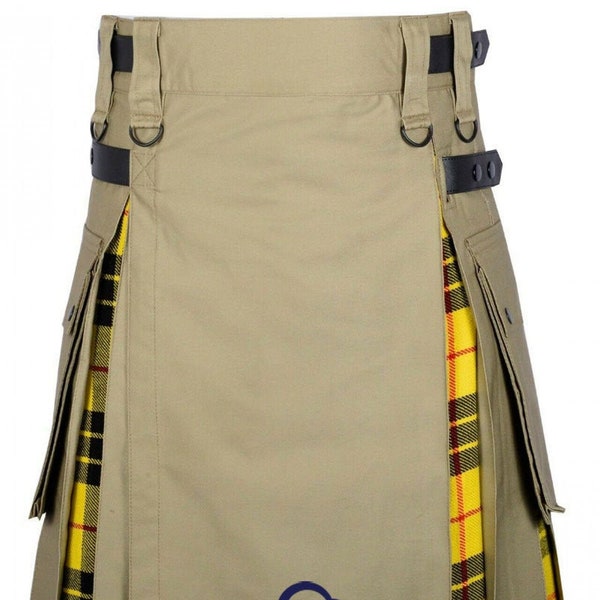 Khaki Cotton Buchanan Tartan Scottish Utility Cargo Hybrid Kilt main image 1