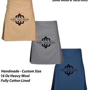 May include: Three 8-yard kilts in different colors: tan, gray, and blue. Each kilt is made of 16 oz heavy wool and has a custom size. The kilts are fully cotton lined and feature a black logo with the text "Kilts And Plaids".
