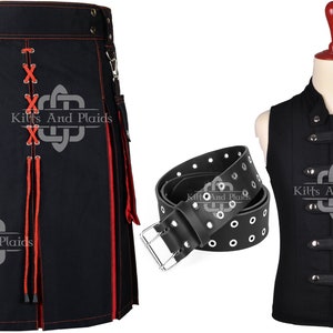 Red Black Cotton Hybrid Kilt - Halloween Party Kilt - Scottish Cotton Utility Kilt Package - Gothic Waistcoat -  Leather Kilt Belt