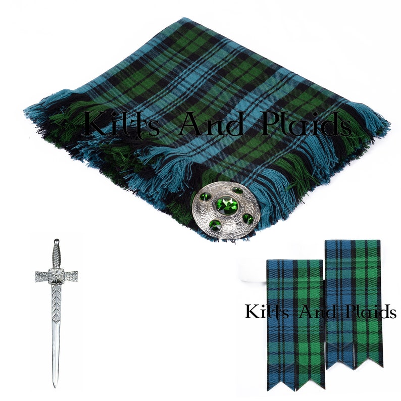 May include: A green, blue, and black tartan kilt with a fringe, a silver kilt pin with a green gem, and two matching tartan kilt hose. The text "Kilts And Plaids" is visible in the image.
