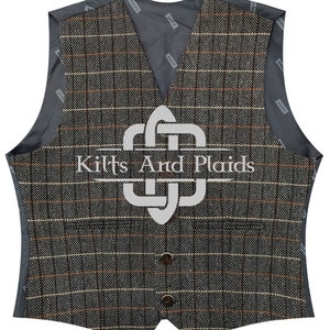 Light Brown Herringbone Check Waistcoat -  5 Stag Buttons Scottish Kilt Waistcoat - Wool Blend - Satin Lined - Made to Order Wedding Vest