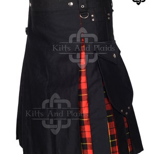 Tartan-Utility-Hybrid-Kilt - Schwarze Baumwolle und Tartan unter Falten Kilt - Moderner Cargo-Taschen Kilt - auf Bestellung gefertigt - 59 Farben