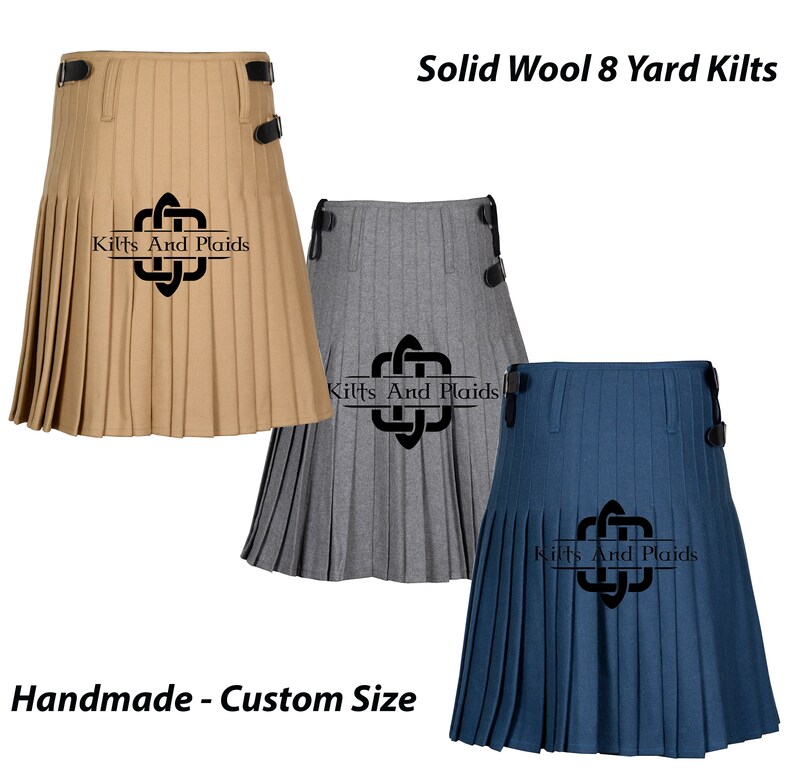 May include: Three 8-yard kilts in different colors: tan, gray, and blue. The kilts are made of solid wool and have a pleated design. The kilts are handmade and can be custom sized. The text "Kilts And Plaids" is printed on each kilt.