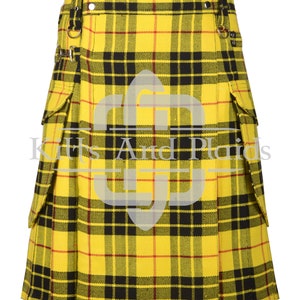 May include: A yellow, black, and red tartan kilt with cargo pockets and a buckle closure.