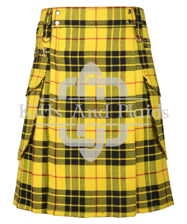 May include: A yellow, black, and red tartan kilt with cargo pockets and a buckle closure.