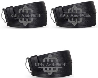 Black Leather KILT BELT - Custom Made Kilt Belt - Genuine Leather 2-Inches Wide Kilt Belt - Celtic Symbols Embossed - Double Prong Buckle