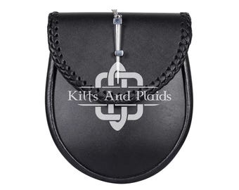 Svart läder handgraverad Sporran - Scottish Day Sporran - Premium Quality Pin Lock System Sporran - Free Chain Strap - Kilt Sporran