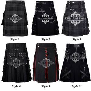 Gothic Kilt für Männer - Scottish Utility Kilt - Custom Made Kilted Gothic Throng - Schwarzer Kilt mit silbernem Zubehör