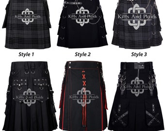 Gothic Kilt for Men - Black Punk Utility Kilt - Men's Black Utility Kilt - Goth Fashion Kilt - Handmade Utility Cargo Pockets Kilt