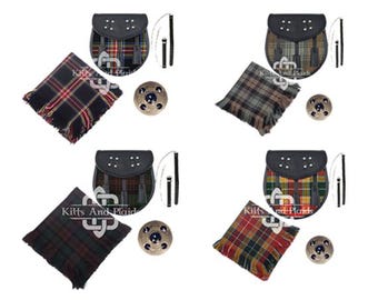 Scottish Kilt Accessories - Tartan Kilt Sporran with Fly Plaid and Brooch Pin - Black Leather Sporran - Kilt Accessories Deal (80+ Color)