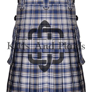 May include: A blue and white tartan kilt with cargo pockets and a buckle fastening.