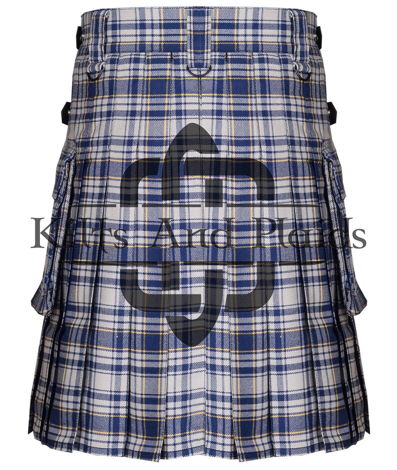 May include: A blue and white tartan kilt with cargo pockets and a buckle fastening.