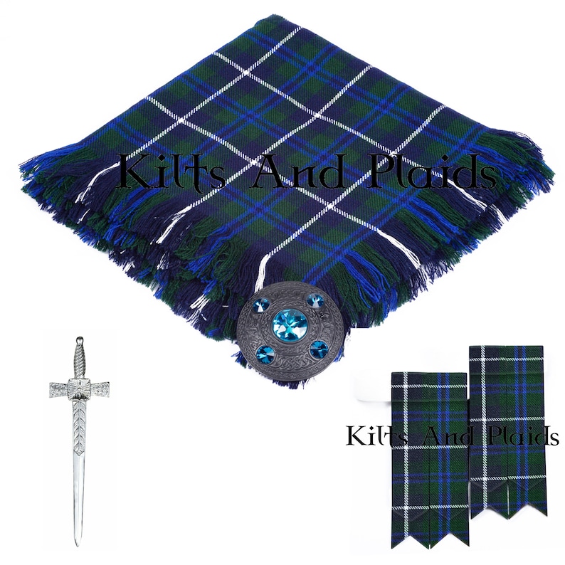 May include: A blue, green, and white tartan kilt with a fringed edge. The kilt is paired with a silver kilt pin, a blue and silver kilt brooch, and two matching tartan kilt hose. The text "Kilts And Plaids" is visible in the image.