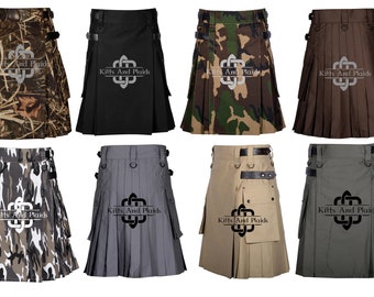 Premium Quality Cotton Kilt- Handmade Kilt - UTILITY SCOTTISH KILT for Men - Made to Order - Adjustable Leather Straps - 2 Cargo Pockets