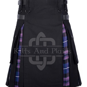 Premium - Handgefertigter schwarzer Baumwolle & Pride of Scotland Tartan Kilt - Scottish Hybrid UTILITY KILT für Herren