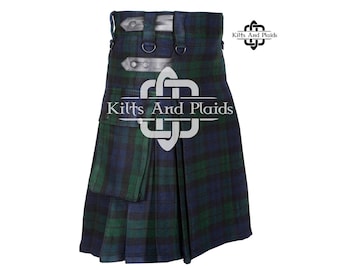 BLACK WATCH Tartan Utility Kilt - Scottish tartan Utility Kilt - Cargo Pockets Kilts for Men - 16 Oz Tartan Kilt - Custom Made Kilt for men