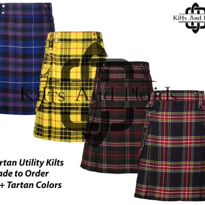 May include: Three different tartan utility kilts in yellow, red and blue plaid patterns. The kilts are made to order and are available in over 60 tartan colors. "Kilts And Plaids" is written on the image.