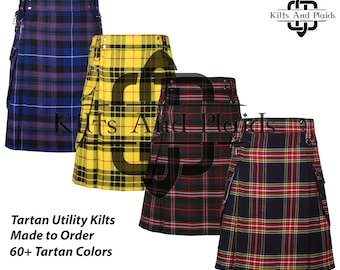 Scottish Tartan Utility Kilt for Men - 16 Oz -  Cargo Pockets Sport Kilt - Highlander Games Kilt - Made to Order - 60 Colors