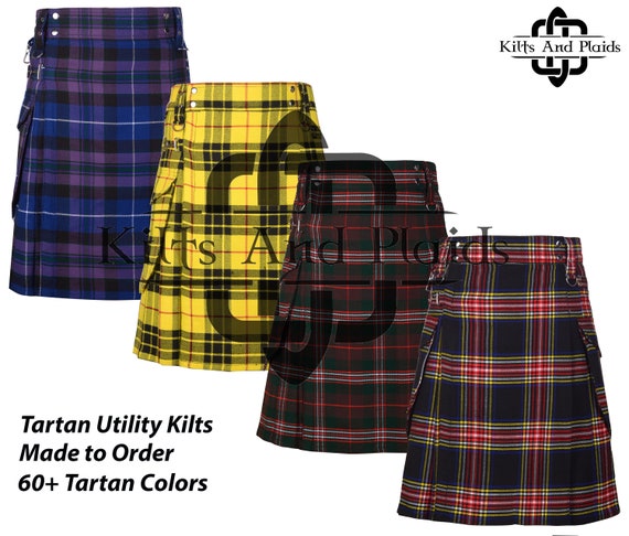 Scottish Tartan Utility Kilt for Men - 16 Oz -  Cargo Pockets Sport Kilt - Highlander Games Kilt - Made to Order - 60 Colors