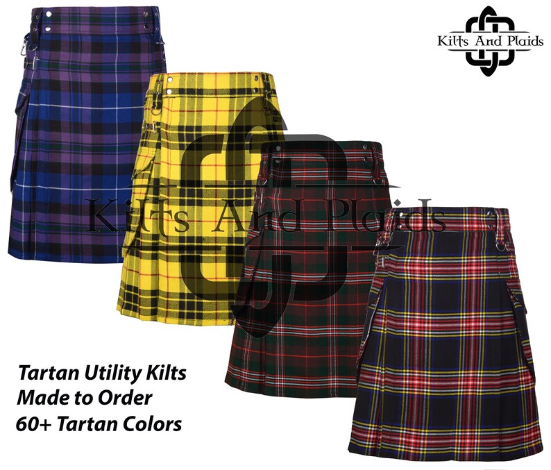 May include: Three different tartan utility kilts in yellow, red and blue plaid patterns. The kilts are made to order and are available in over 60 tartan colors. "Kilts And Plaids" is written on the image.