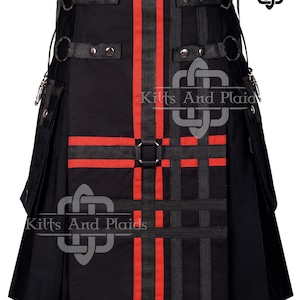 Red and Black Cotton Gothic Hybrid Utility Kilt for Men - Kilted Throng - Punk Rock Skirt - Made to Order - Detachable Apron
