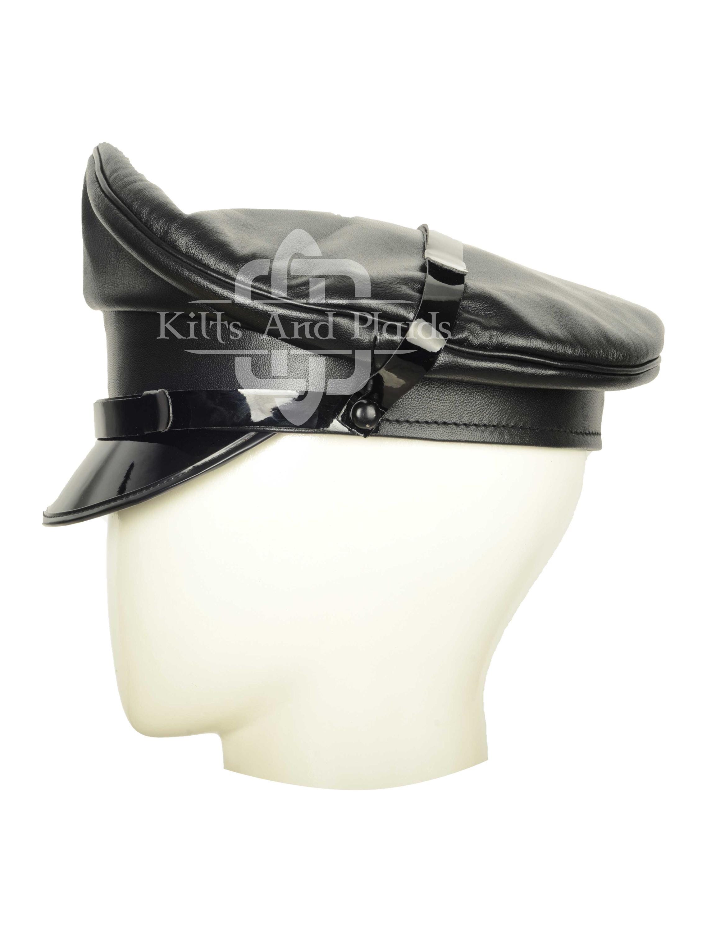 Black Leather Muir Hat - Leather Police Cap - Biker Peaked Gay Pride Bluff Hat - Premium Handmade Kilt Cap - Made to Order